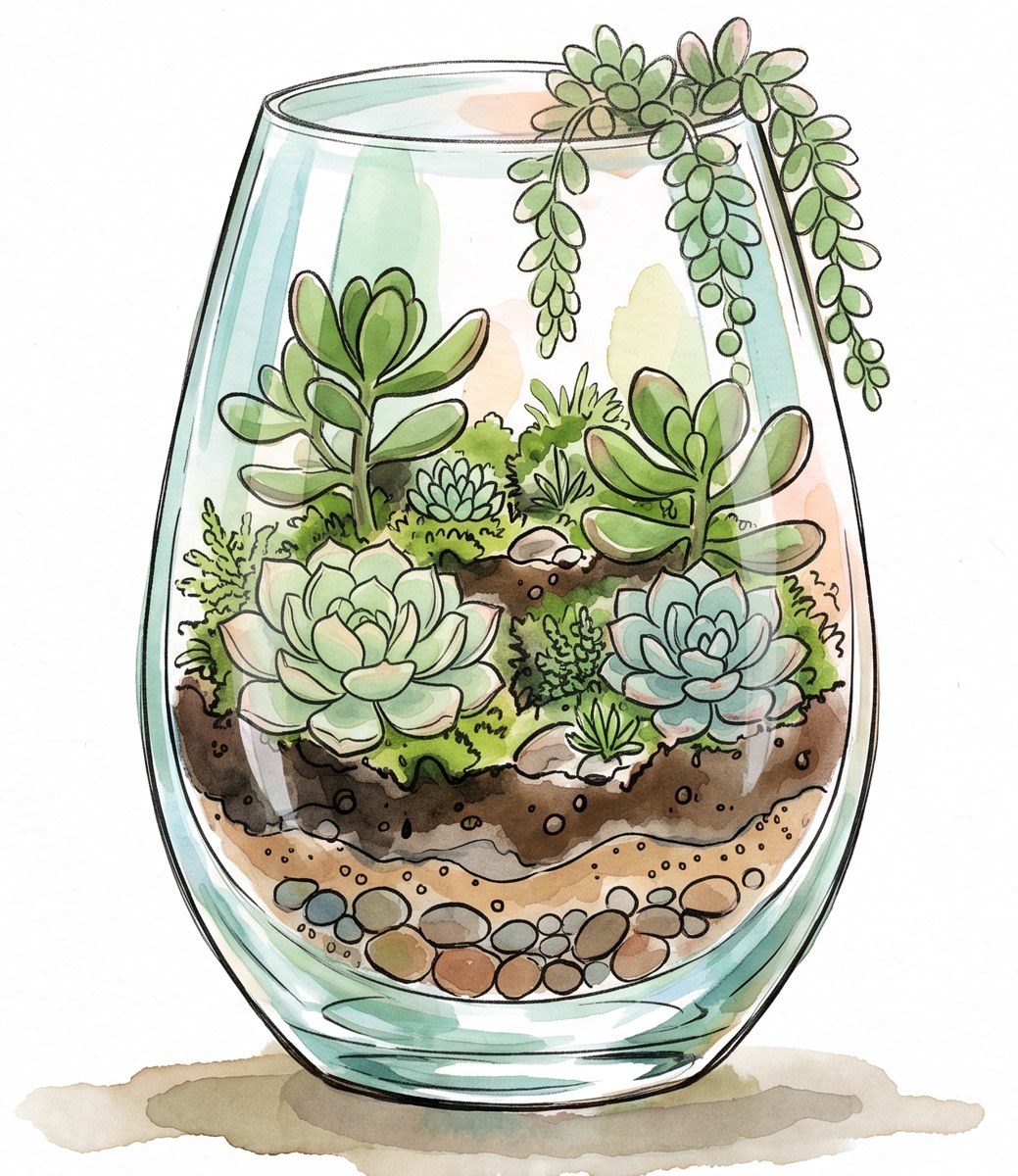 Watercolor illustration of a succulent terrarium in a glass vessel