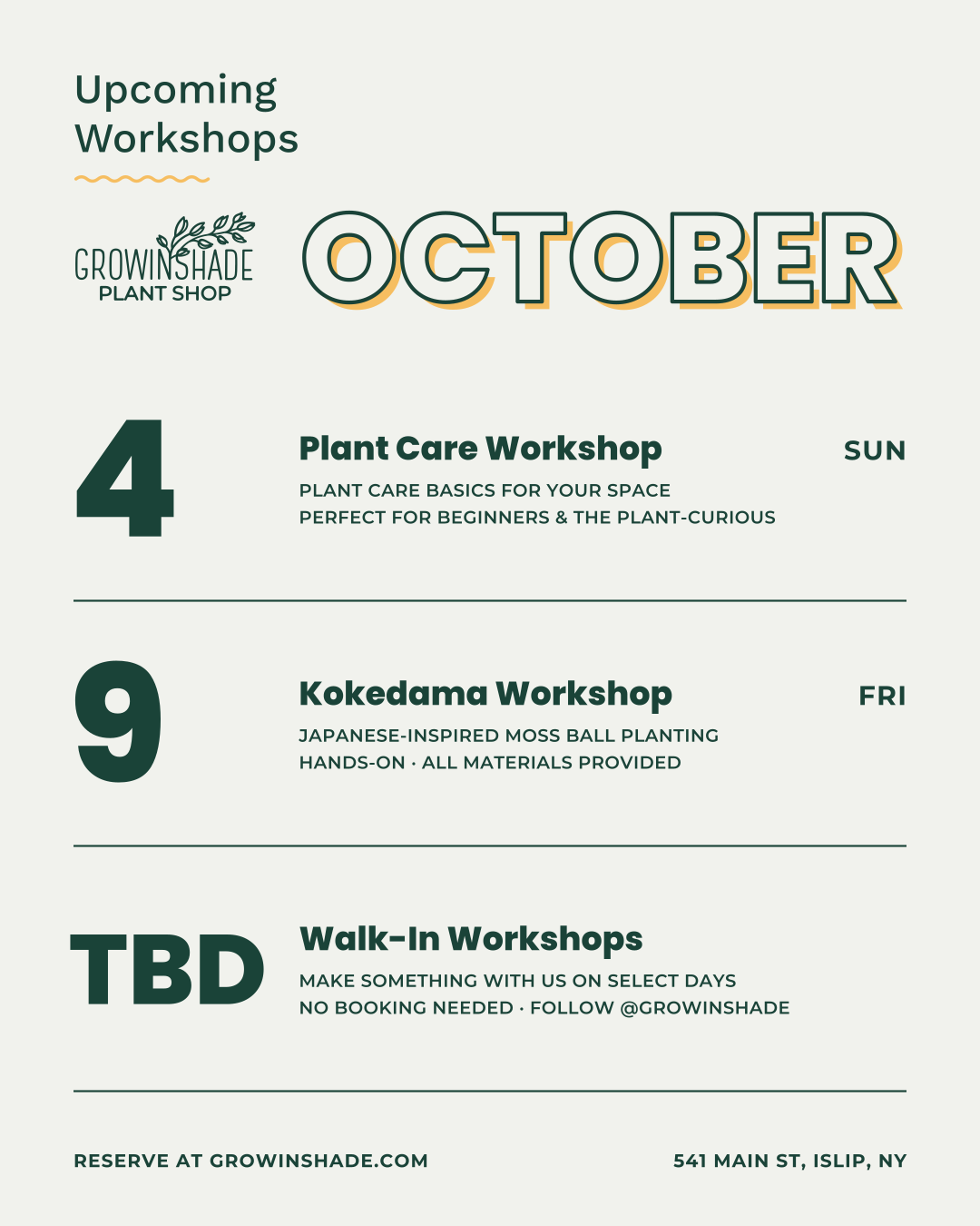 Upcoming workshops calendar for the month, with big day numbers and workshop titles